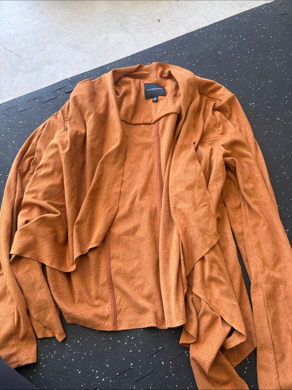 Liverpool Suede-Look Draped Open Front Jacket in Rust
